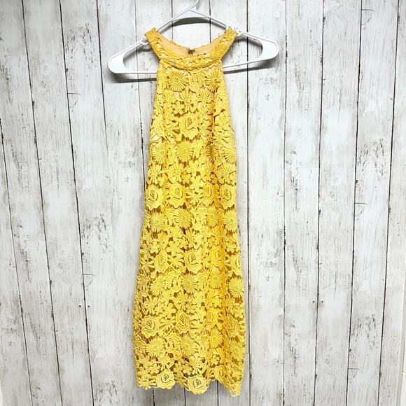 Lulus Dress Women Medium Love Poem Canary Yellow Lace Overlay Sleeveless Mini - Picture 1 of 6
